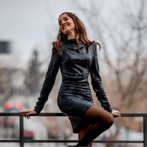 Zara * draped sequin dress black size M - Picture 4 of 15